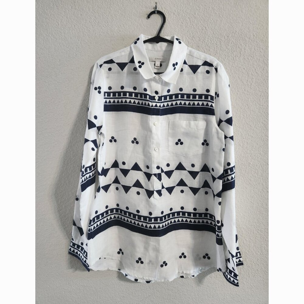 J. Crew NWOT Women’s Linen Popover Shirt Navy White geometric tribal print sz 4
